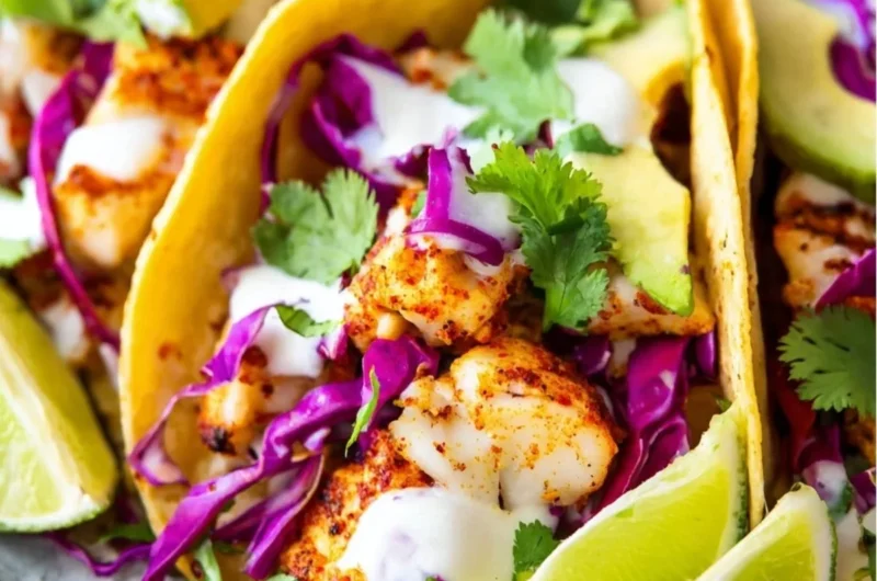 Baja fish tacos topped with fresh cilantro and lime in a taco shell
