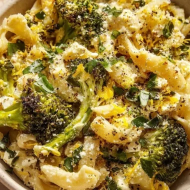 Baked Feta and Broccoli Pasta served in a bowl with fresh herbs