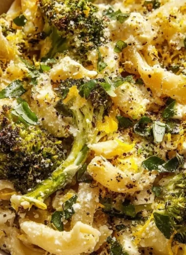 Baked Feta and Broccoli Pasta served in a bowl with fresh herbs