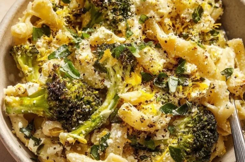 Baked Feta and Broccoli Pasta served in a bowl with fresh herbs