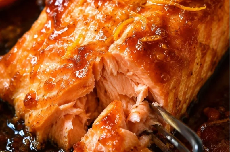Baked salmon fillet topped with vibrant orange sauce, garnished with herbs