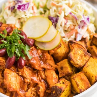Delicious and colorful BBQ Chicken Bowls with fresh ingredients