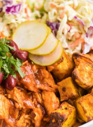 Delicious and colorful BBQ Chicken Bowls with fresh ingredients