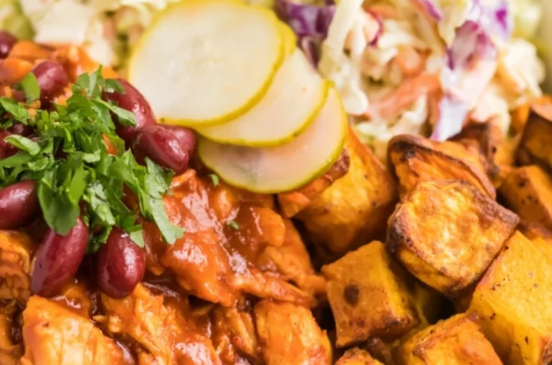 Delicious and colorful BBQ Chicken Bowls with fresh ingredients