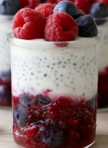 Berry & Chia Yogurt Parfait topped with fresh berries and chia seeds
