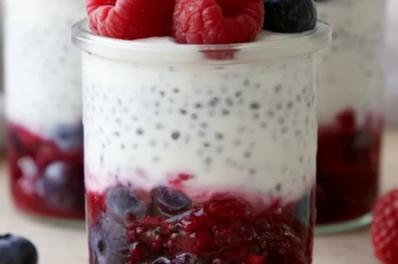 Berry & Chia Yogurt Parfait topped with fresh berries and chia seeds