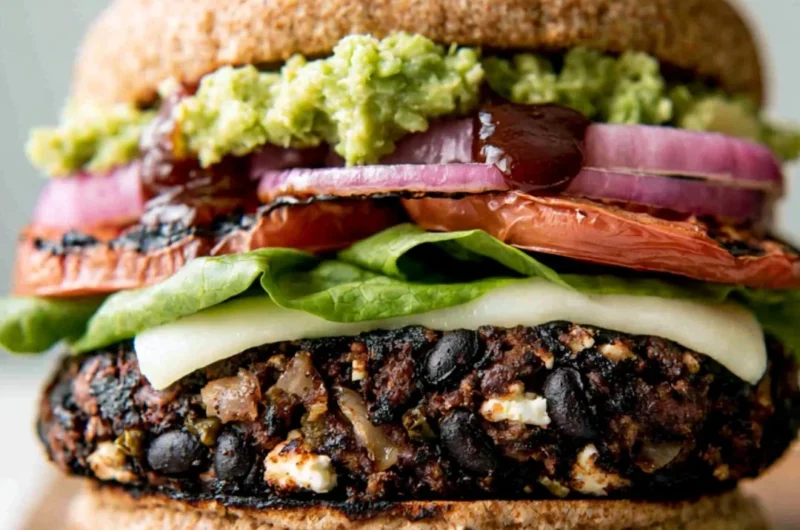 Delicious homemade black bean burgers on a wooden serving platter