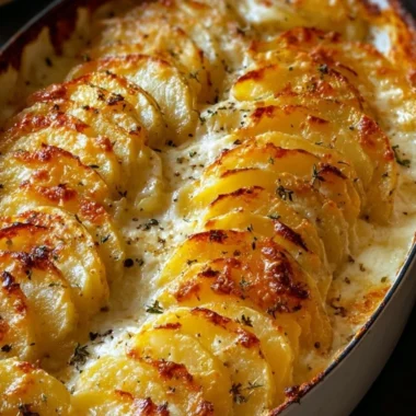 Delicious cheesy potatoes gratin served in a baking dish