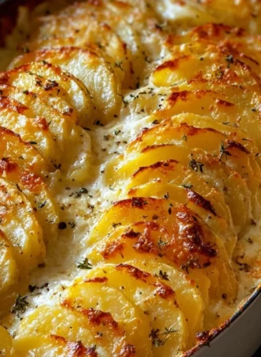 Delicious cheesy potatoes gratin served in a baking dish