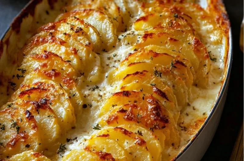 Delicious cheesy potatoes gratin served in a baking dish