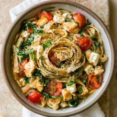 Plate of Chicken Feta Spinach Pasta garnished with fresh herbs.