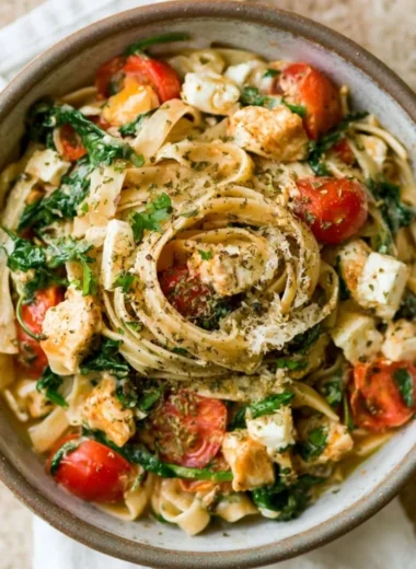 Plate of Chicken Feta Spinach Pasta garnished with fresh herbs.