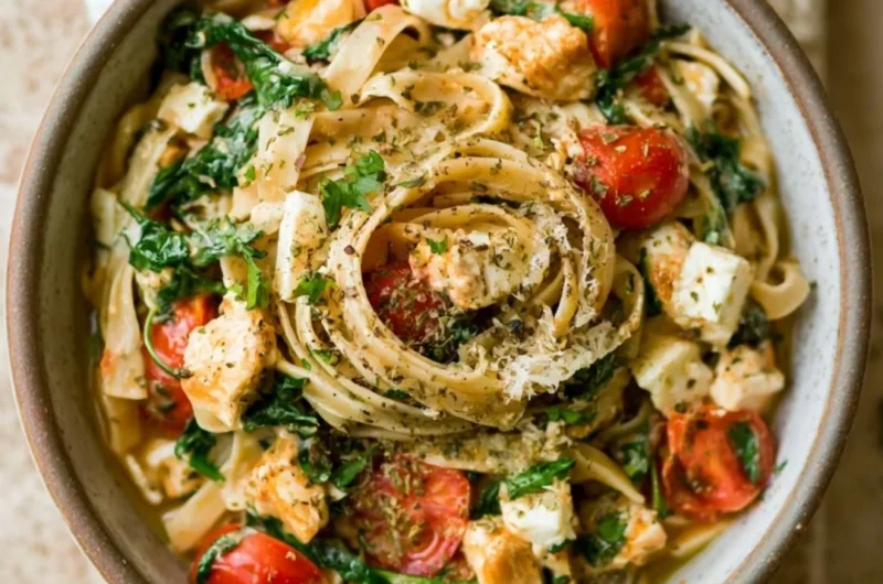 Plate of Chicken Feta Spinach Pasta garnished with fresh herbs.