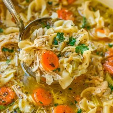 Bowl of homemade chicken noodle soup with vegetables and herbs