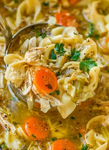 Bowl of homemade chicken noodle soup with vegetables and herbs