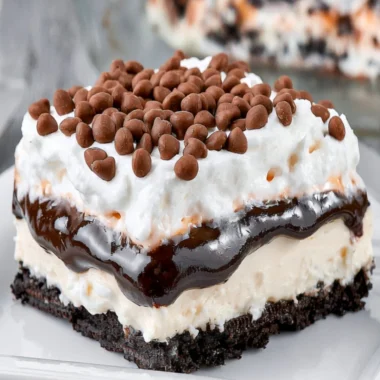 Delicious Chocolate Lasagna dessert layered with chocolate and whipped cream.