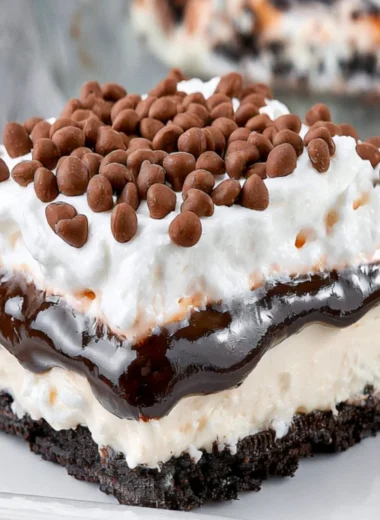 Delicious Chocolate Lasagna dessert layered with chocolate and whipped cream.