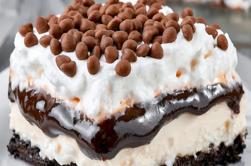 Delicious Chocolate Lasagna dessert layered with chocolate and whipped cream.