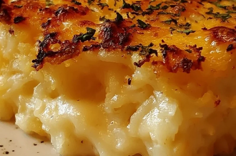Delicious Cracker Barrel hash brown casserole served in a baking dish