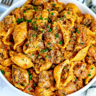 Creamy beef and shells dish served in a bowl