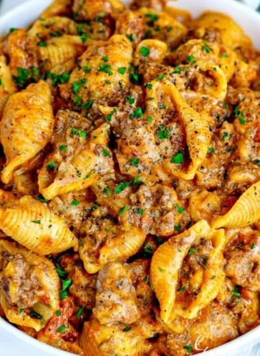 Creamy beef and shells dish served in a bowl