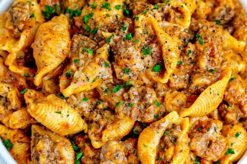 Creamy beef and shells dish served in a bowl