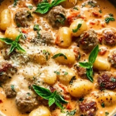 Creamy gnocchi with sausage served in a bowl, garnished with herbs