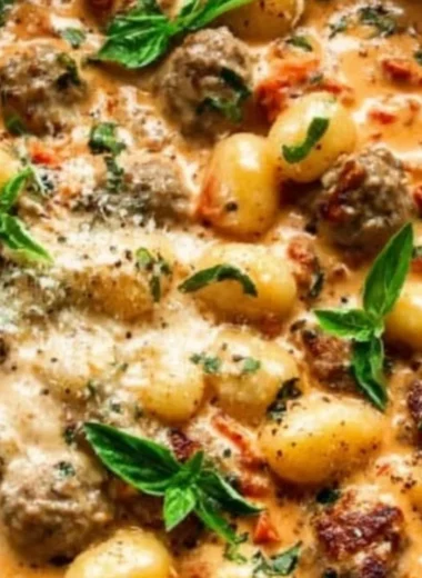 Creamy gnocchi with sausage served in a bowl, garnished with herbs