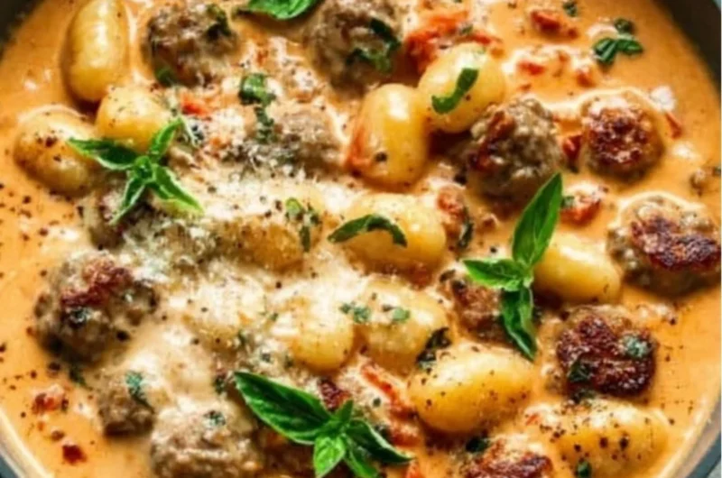 Creamy gnocchi with sausage served in a bowl, garnished with herbs