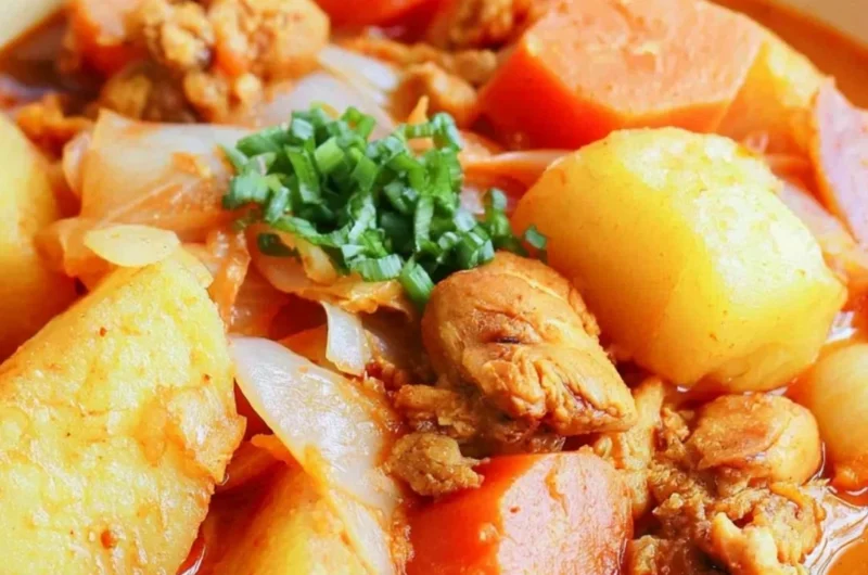 Delicious Dakbokkeumtang Korean chicken stew with vegetables and spices