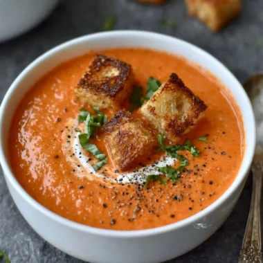 Bowl of easy creamy tomato soup topped with fresh basil and croutons