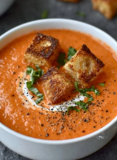 Bowl of easy creamy tomato soup topped with fresh basil and croutons
