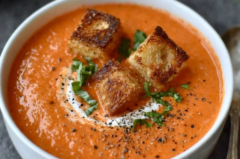 Bowl of easy creamy tomato soup topped with fresh basil and croutons