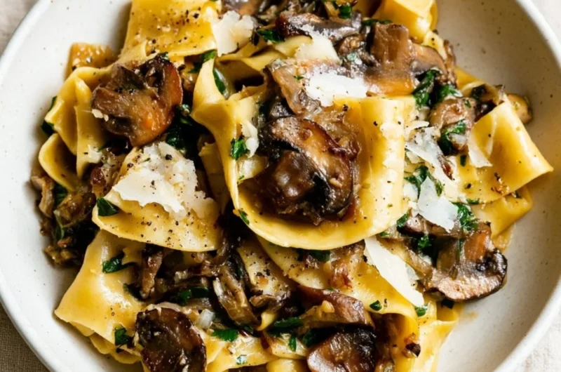 A delicious plate of easy garlic mushroom pasta garnished with fresh herbs