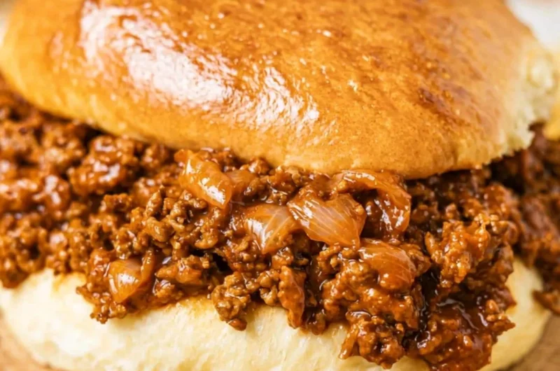 Plate of easy homemade Sloppy Joes with bun and toppings