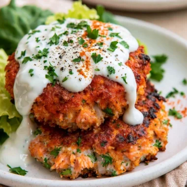 Easy salmon patties served with lemon garlic sauce on a plate.