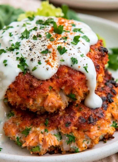 Easy salmon patties served with lemon garlic sauce on a plate.