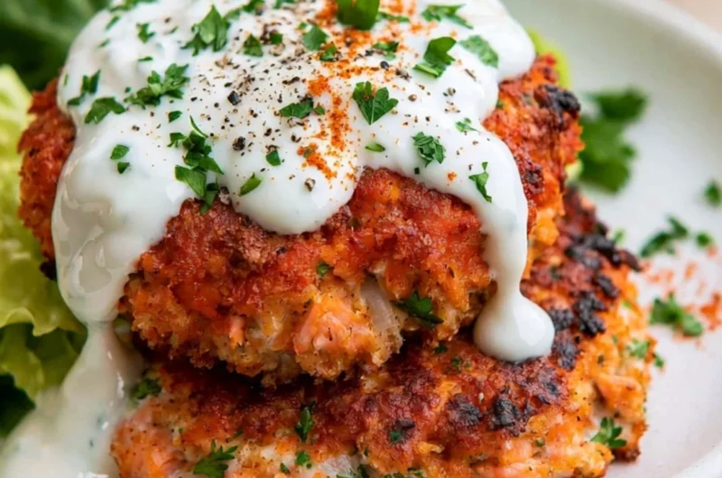 Easy salmon patties served with lemon garlic sauce on a plate.