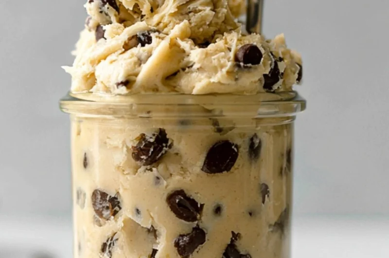 Bowl of edible chocolate chip cookie dough for one with chocolate chips