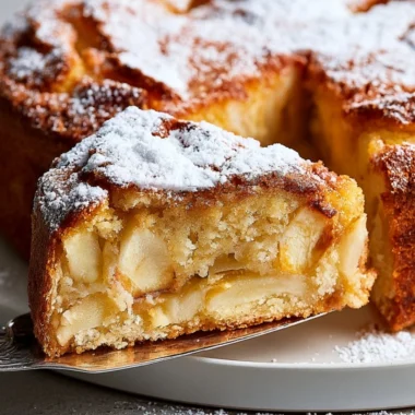 Slice of French Apple Cake with fresh apples and a dusting of powdered sugar