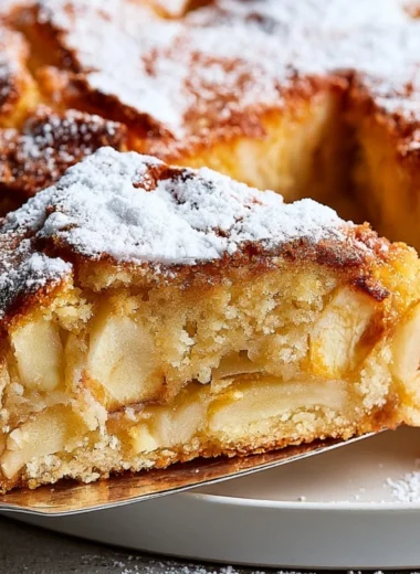 Slice of French Apple Cake with fresh apples and a dusting of powdered sugar