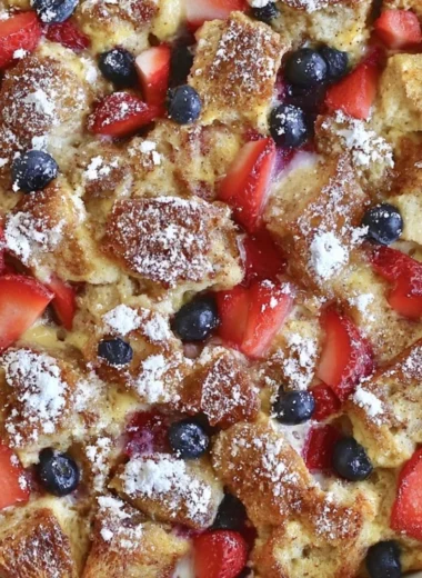 Delicious French Toast Casserole baked in a dish, topped with syrup and berries.