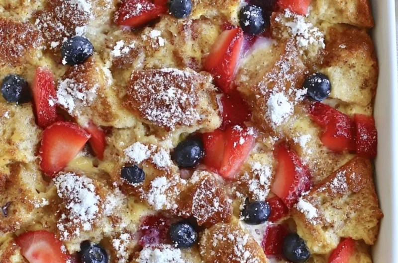 Delicious French Toast Casserole baked in a dish, topped with syrup and berries.