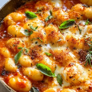 Plate of gnocchi served with tomato sauce and fresh basil
