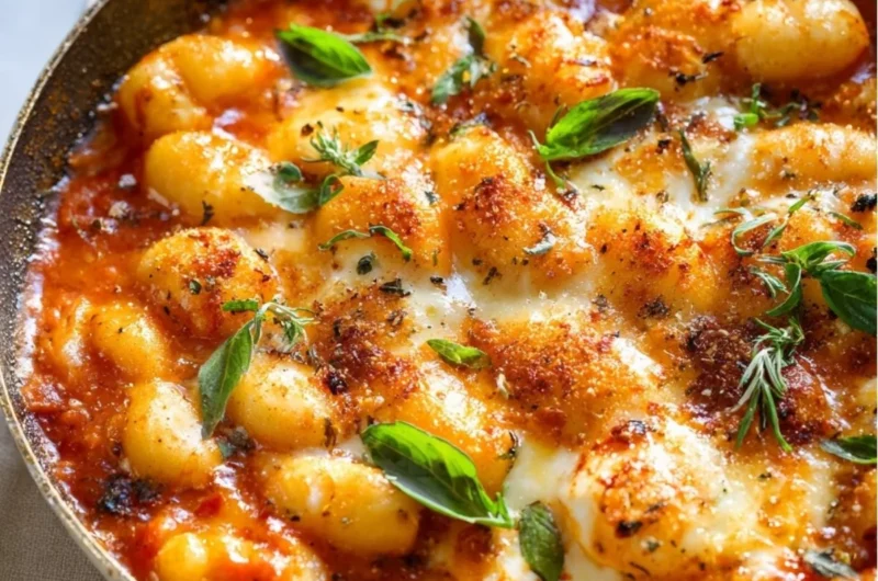 Plate of gnocchi served with tomato sauce and fresh basil