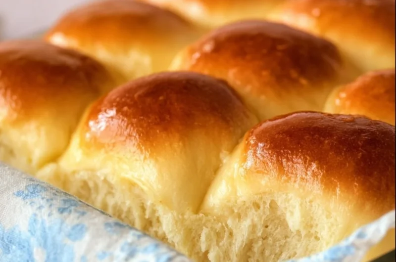 Homemade Grandma's buttery dinner rolls on a serving plate