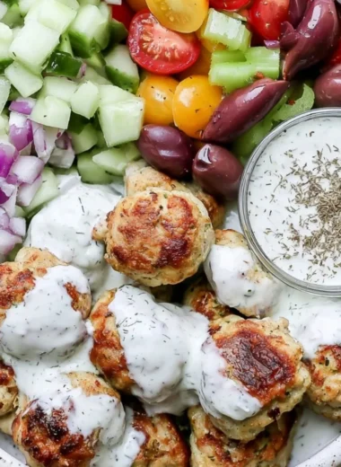 Delicious Greek chicken meatballs served with tzatziki and fresh herbs