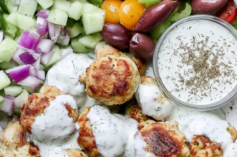 Delicious Greek chicken meatballs served with tzatziki and fresh herbs
