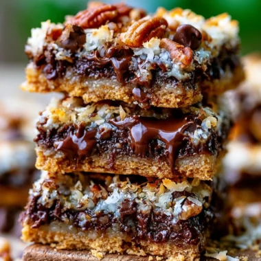 Delicious Hello Dolly Magic Cookie Bars stacked on a plate with chocolate and coconut layers.
