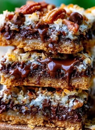 Delicious Hello Dolly Magic Cookie Bars stacked on a plate with chocolate and coconut layers.
